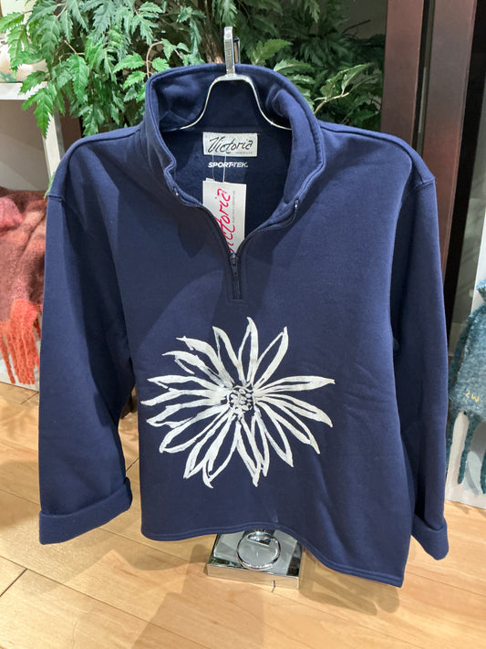 Navy Sweatshirt with White Flower