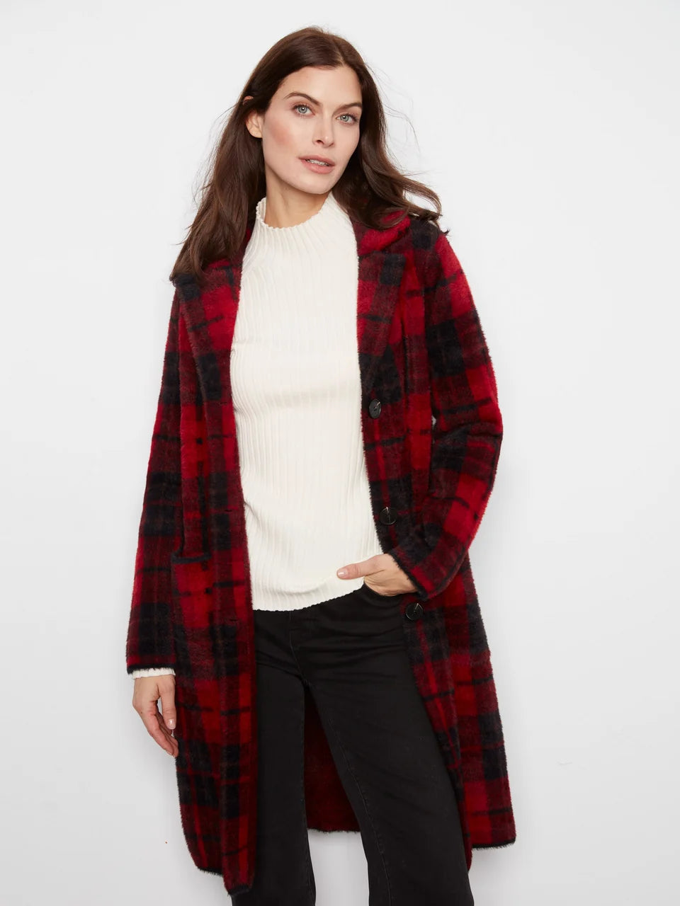 Cranberry Plaid Knit Coatigan