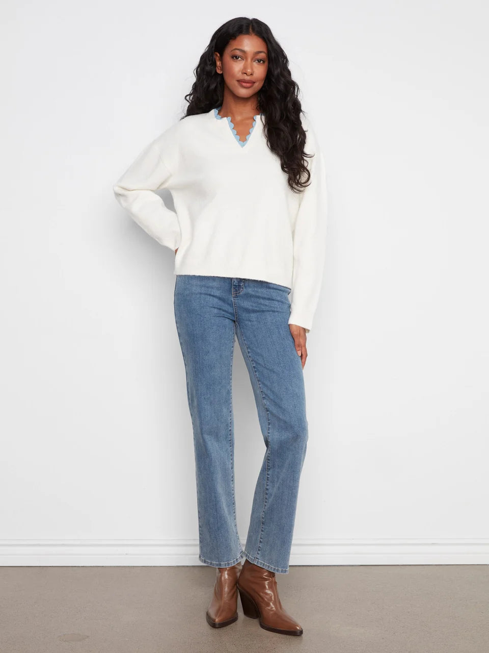 Snow White V-Neck Sweater with Woven Trim