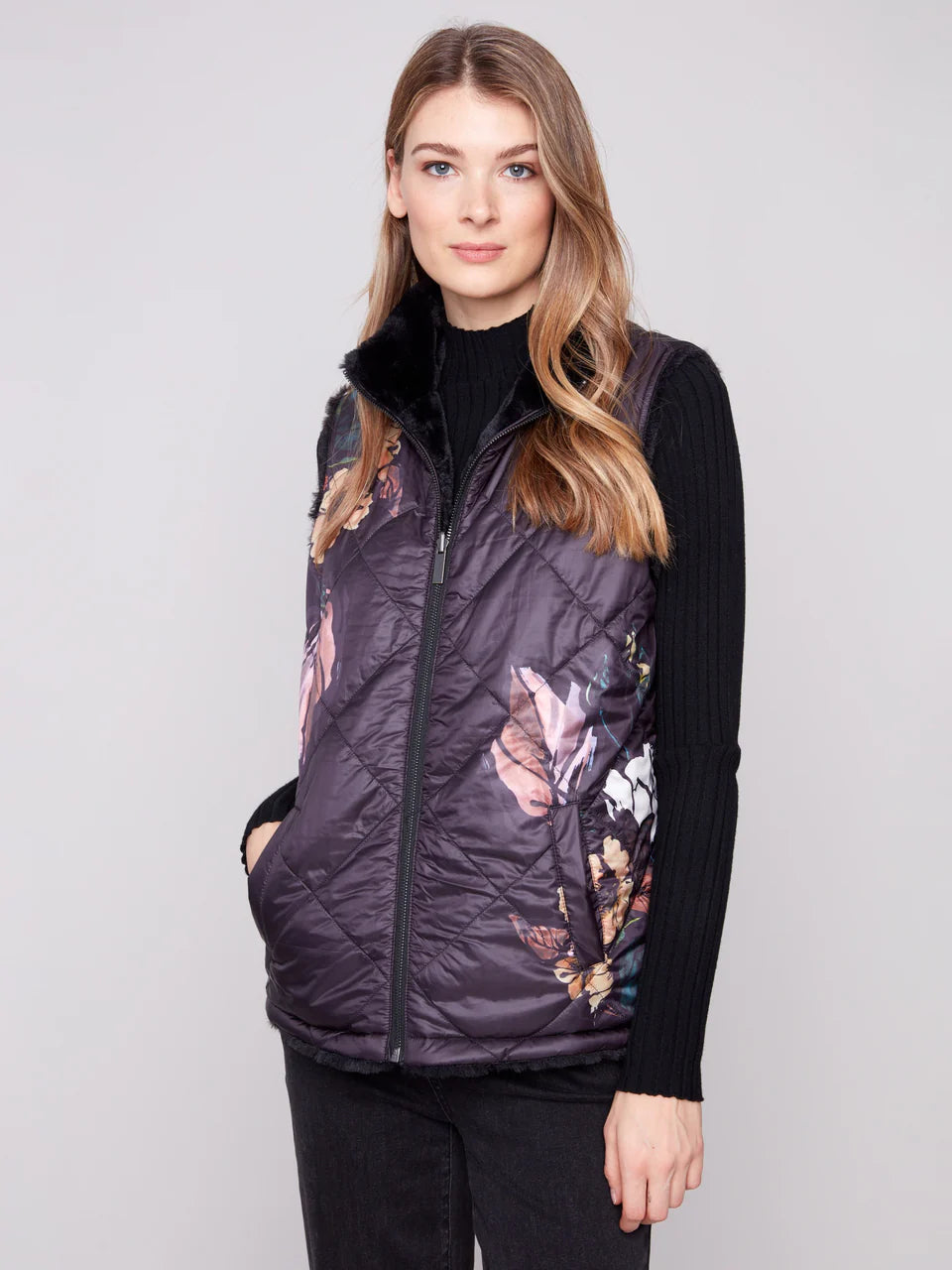 Printed Reversible Quilted Faux Fur Vest