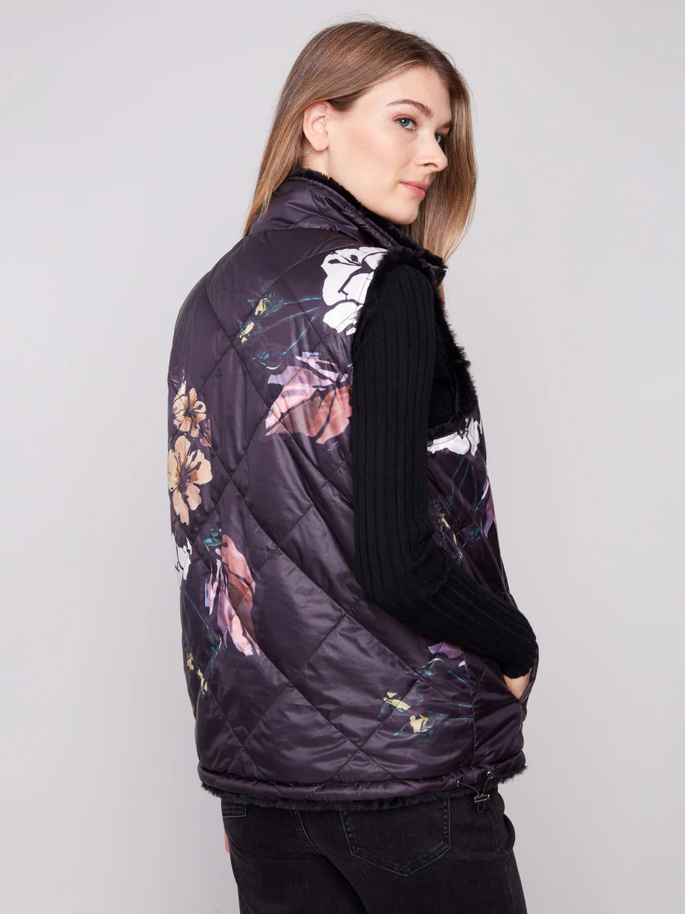 Printed Reversible Quilted Faux Fur Vest