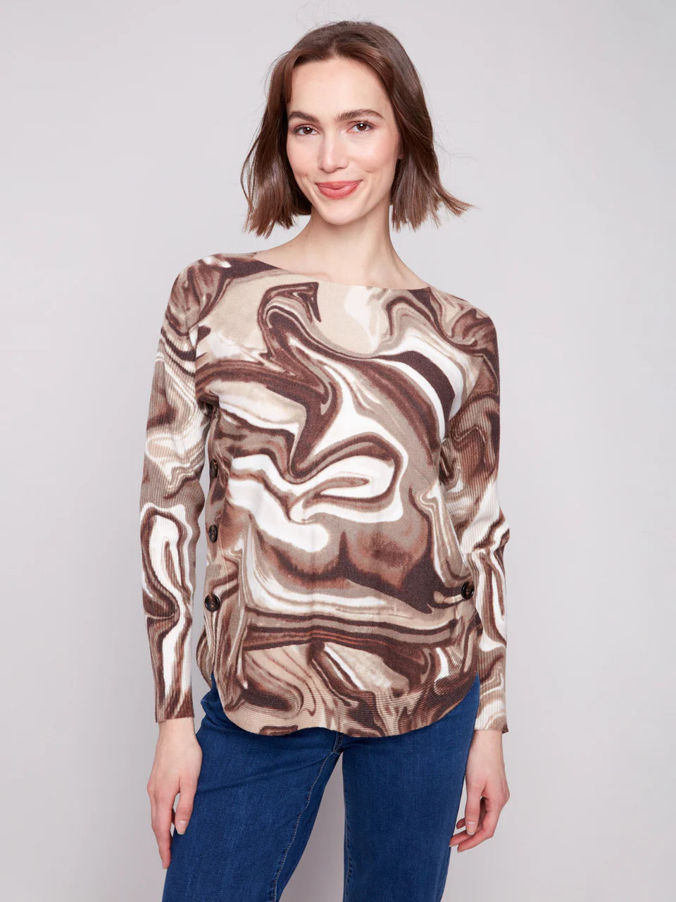 Printed Boat Neck Sweater With Side Buttons