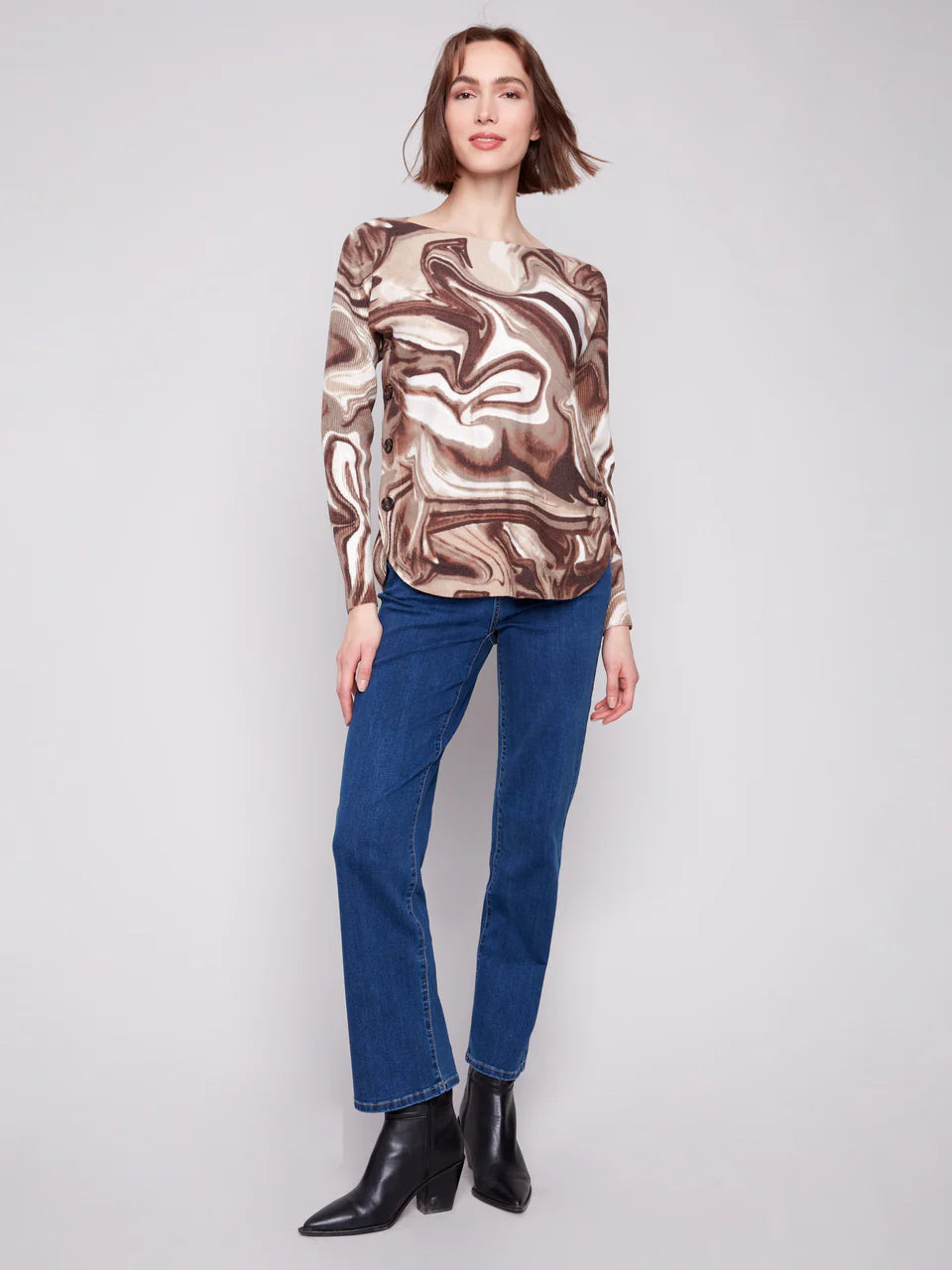 Printed Boat Neck Sweater With Side Buttons