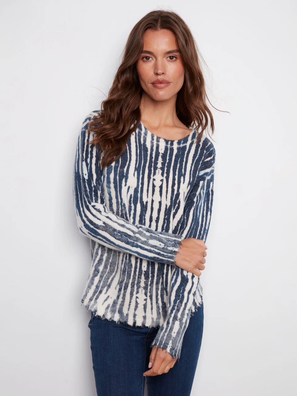 Reversible Printed Plush Sweater With Frayed Edges