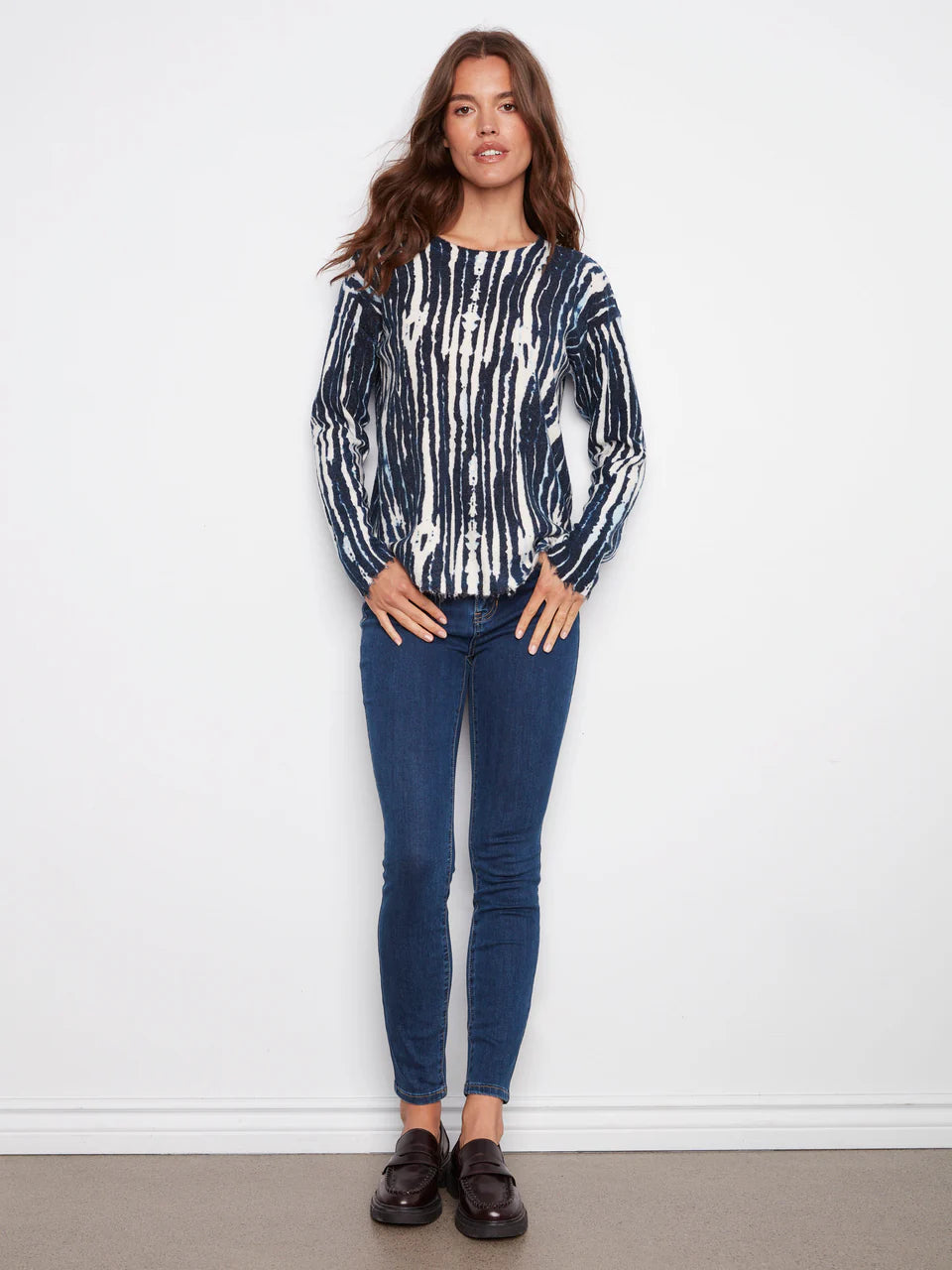 Reversible Printed Plush Sweater With Frayed Edges