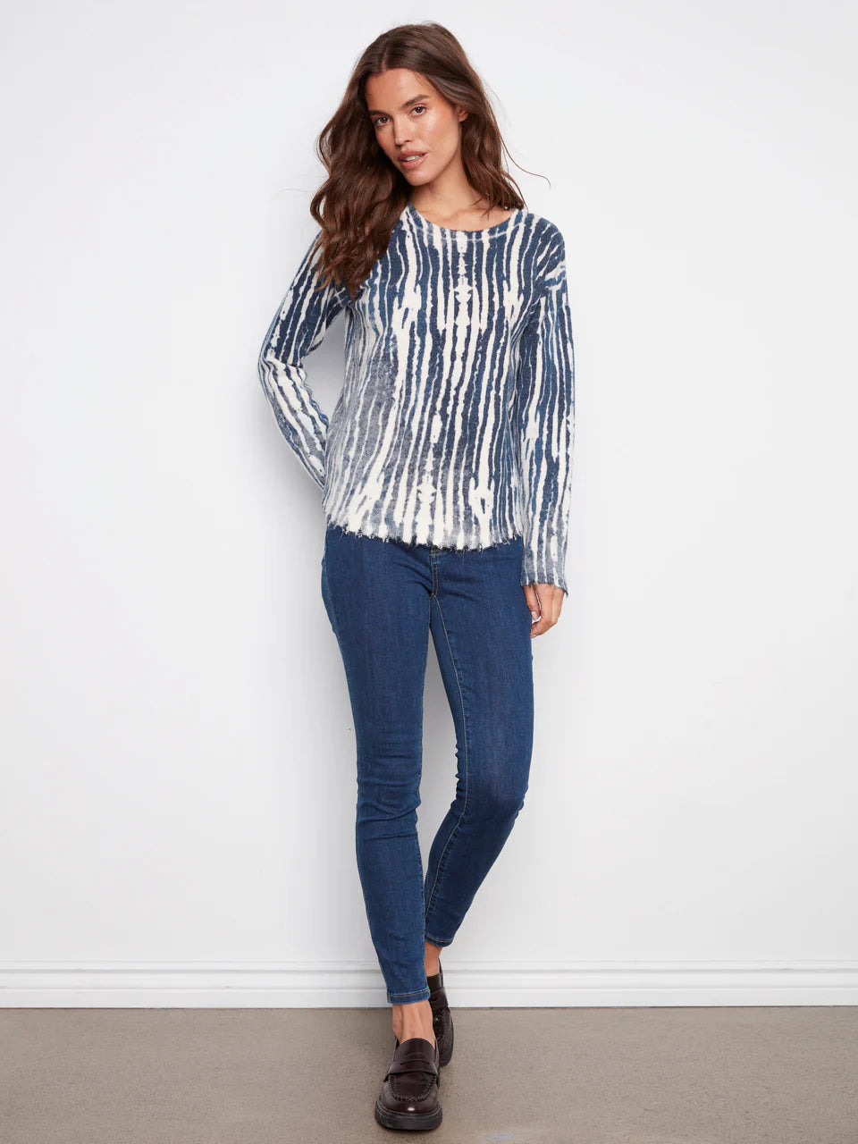 Reversible Printed Plush Sweater With Frayed Edges