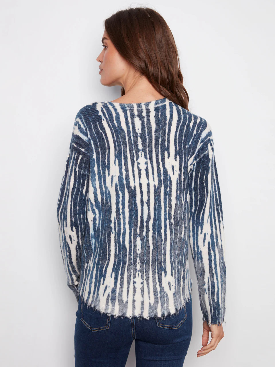 Reversible Printed Plush Sweater With Frayed Edges