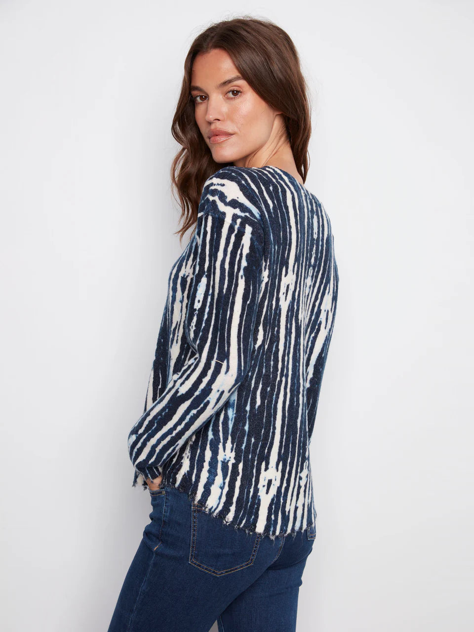 Reversible Printed Plush Sweater With Frayed Edges