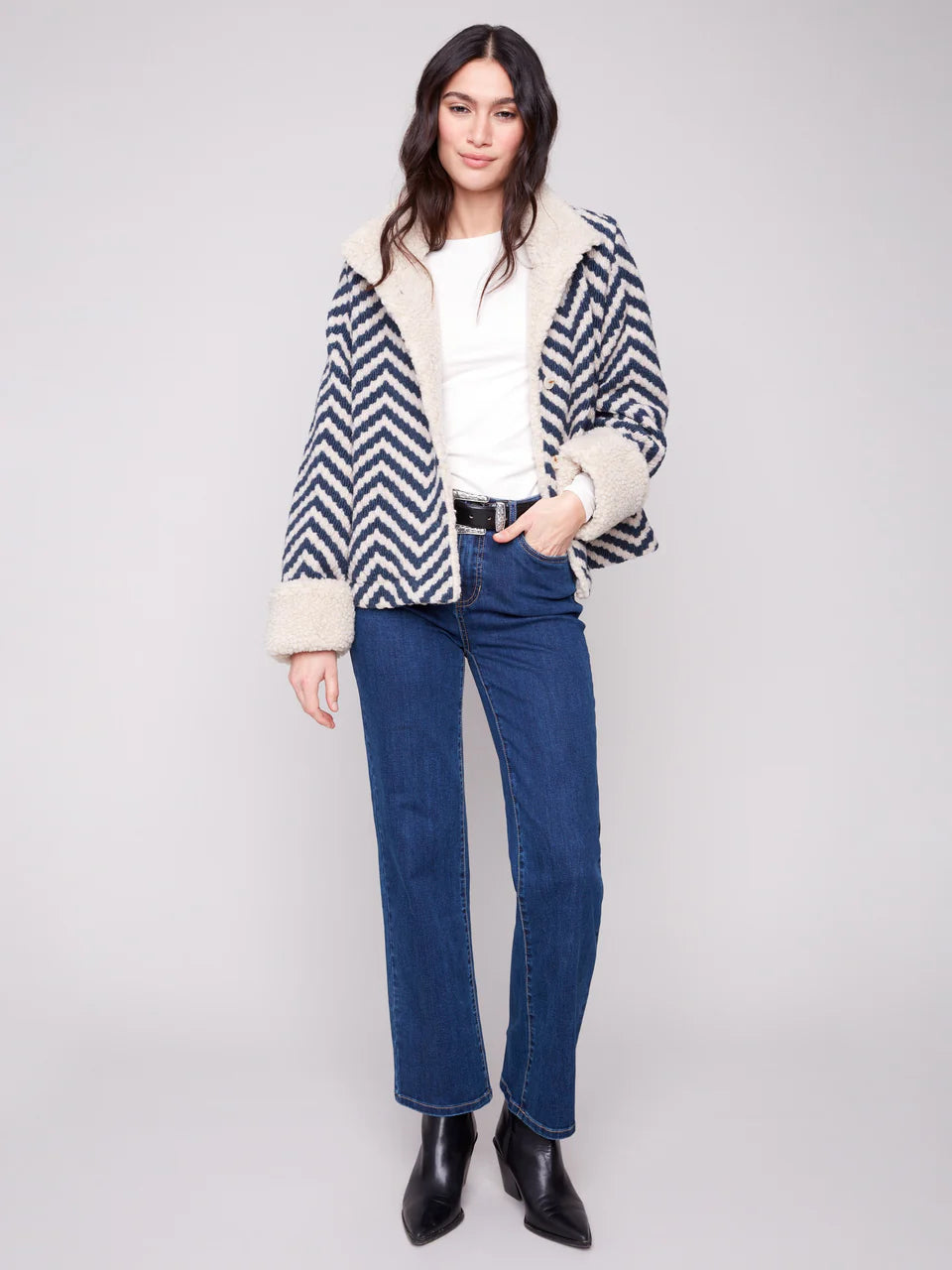 Chevron Bouclé Short Jacket With Sherpa Trim