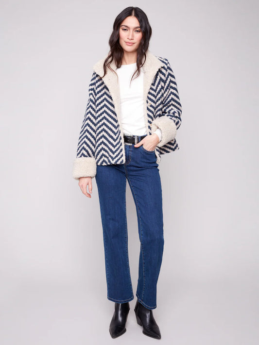 Chevron Bouclé Short Jacket With Sherpa Trim