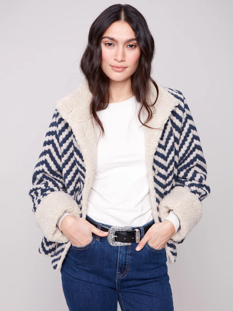 Chevron Bouclé Short Jacket With Sherpa Trim