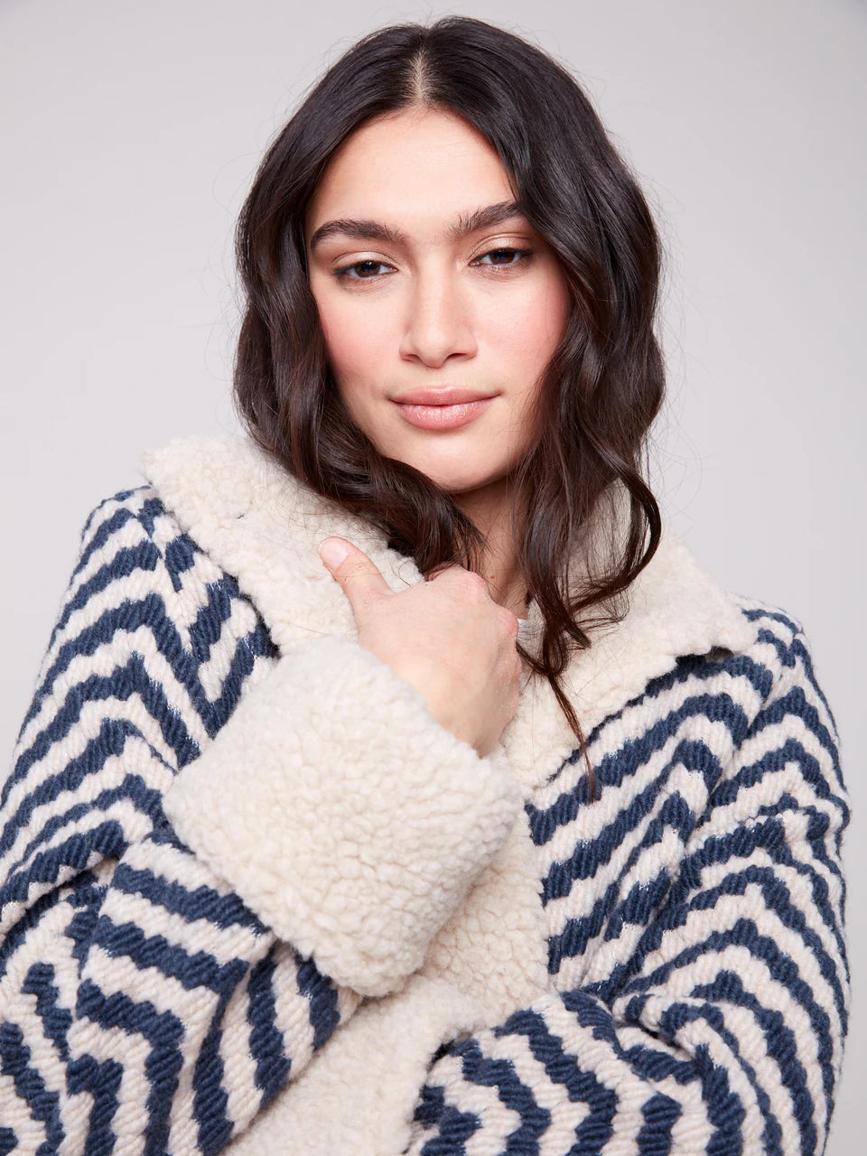 Chevron Bouclé Short Jacket With Sherpa Trim