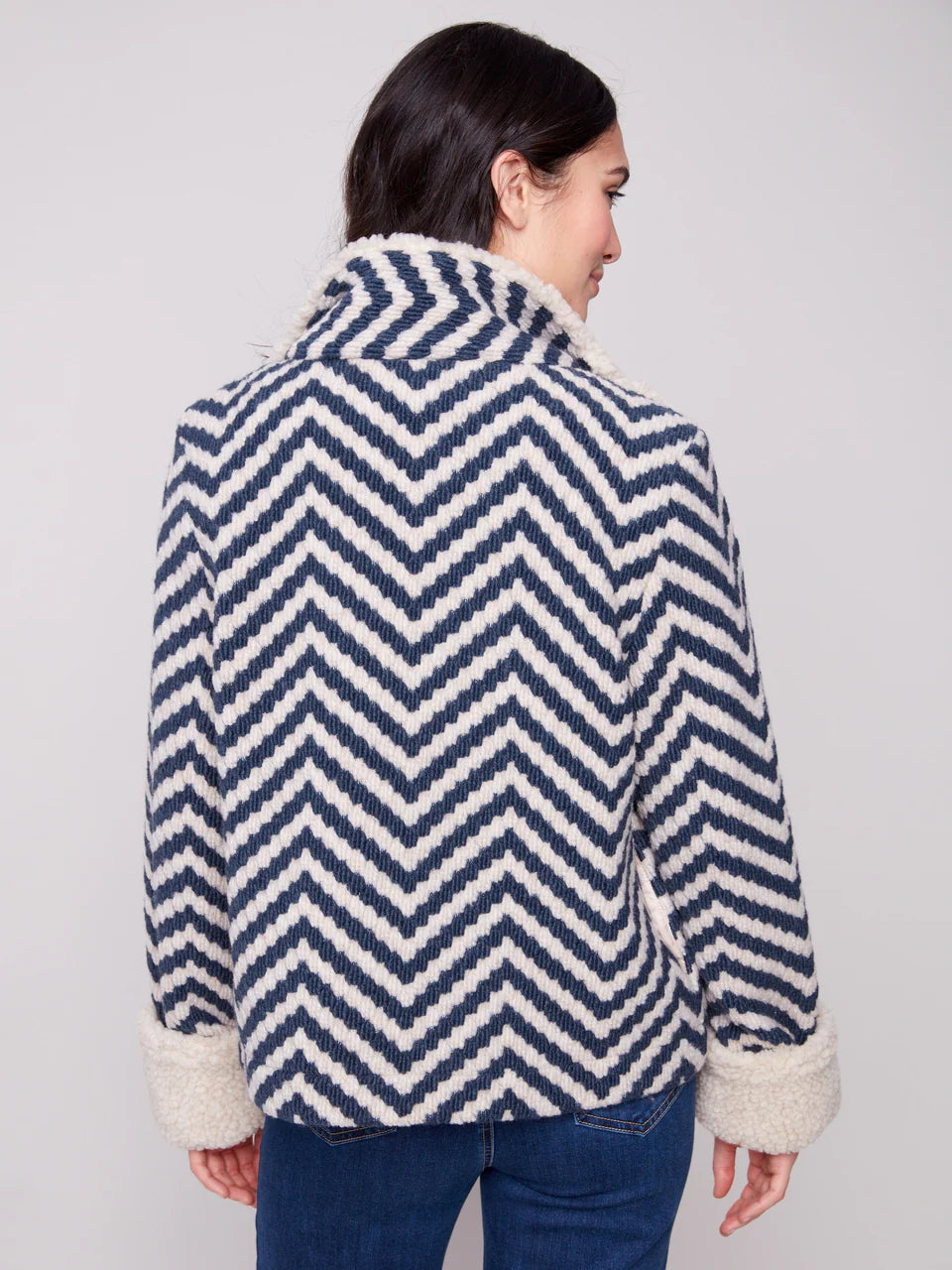 Chevron Bouclé Short Jacket With Sherpa Trim