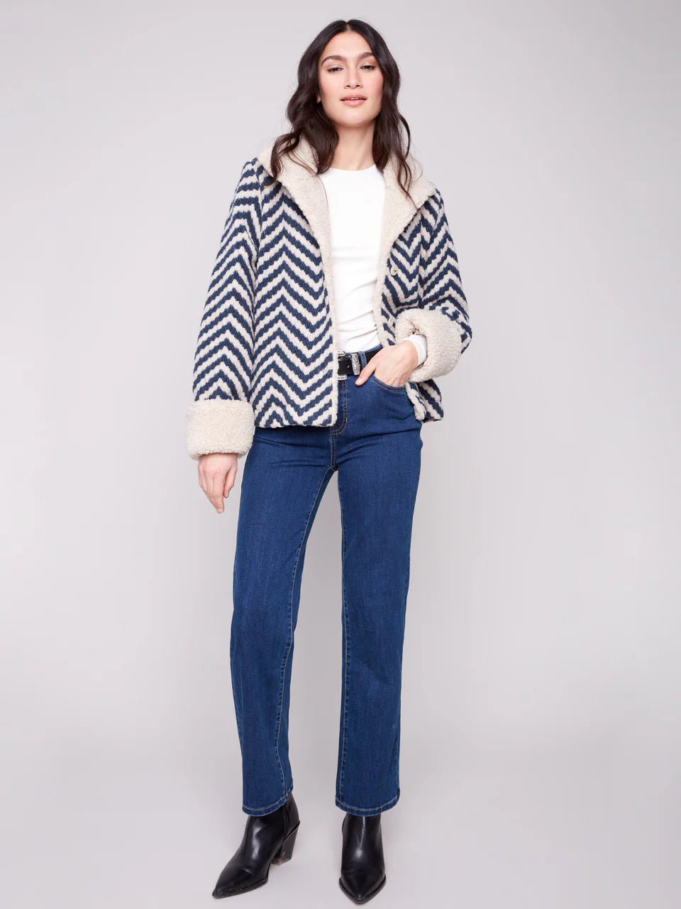 Chevron Bouclé Short Jacket With Sherpa Trim
