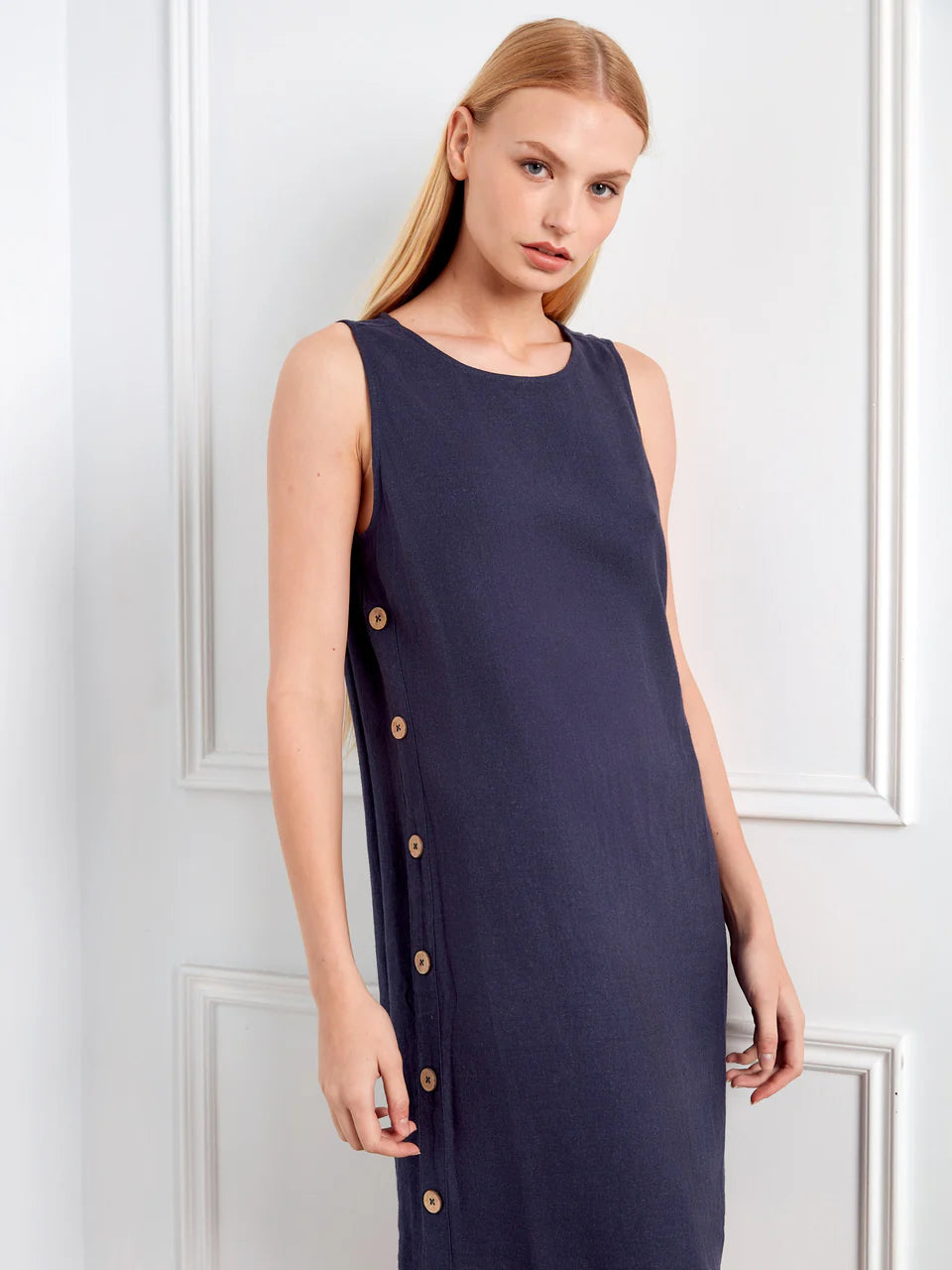 Navy Sleeveless Linen Blend Dress