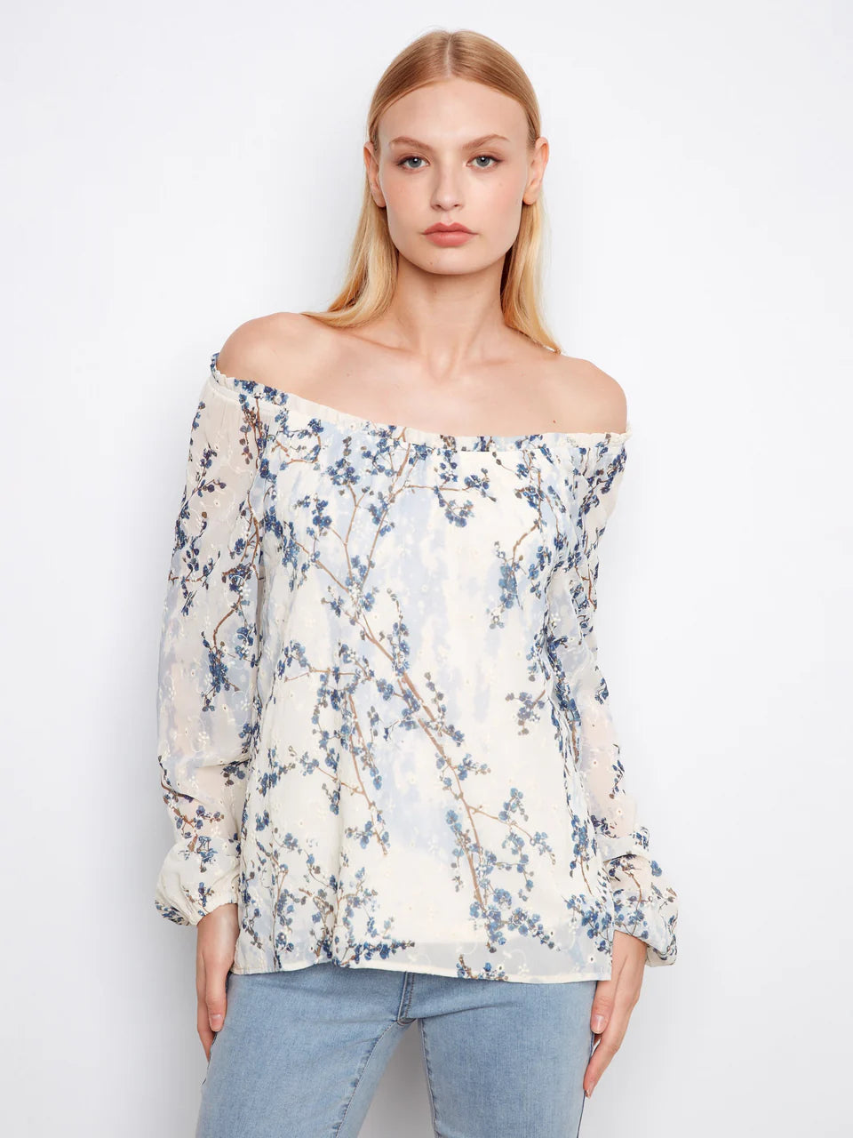 Printed Eyelet Off-Shoulder Blouse