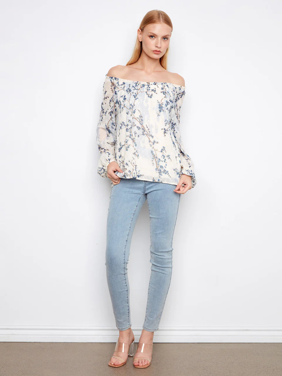 Printed Eyelet Off-Shoulder Blouse