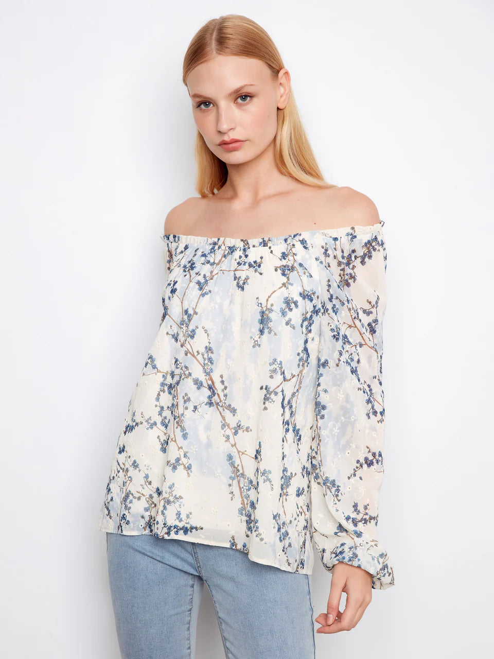 Printed Eyelet Off-Shoulder Blouse