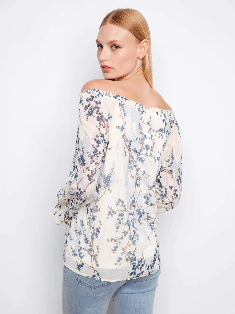 Printed Eyelet Off-Shoulder Blouse