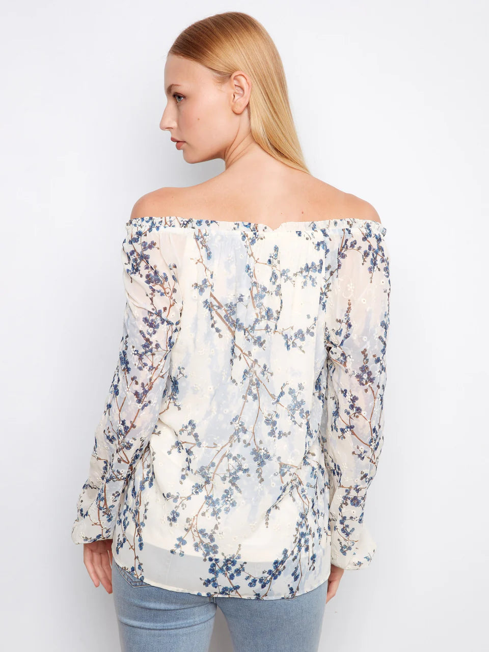 Printed Eyelet Off-Shoulder Blouse