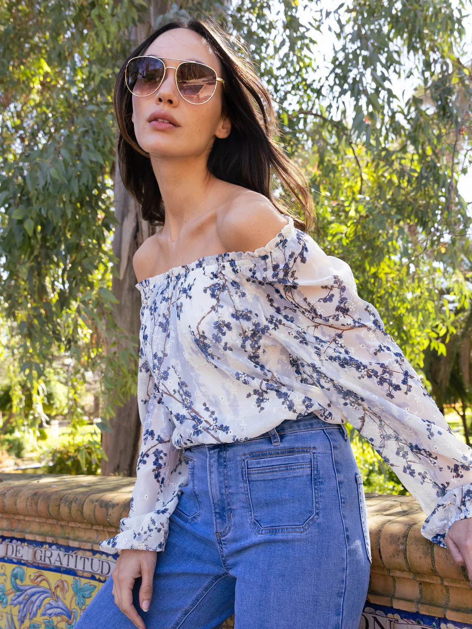 Printed Eyelet Off-Shoulder Blouse