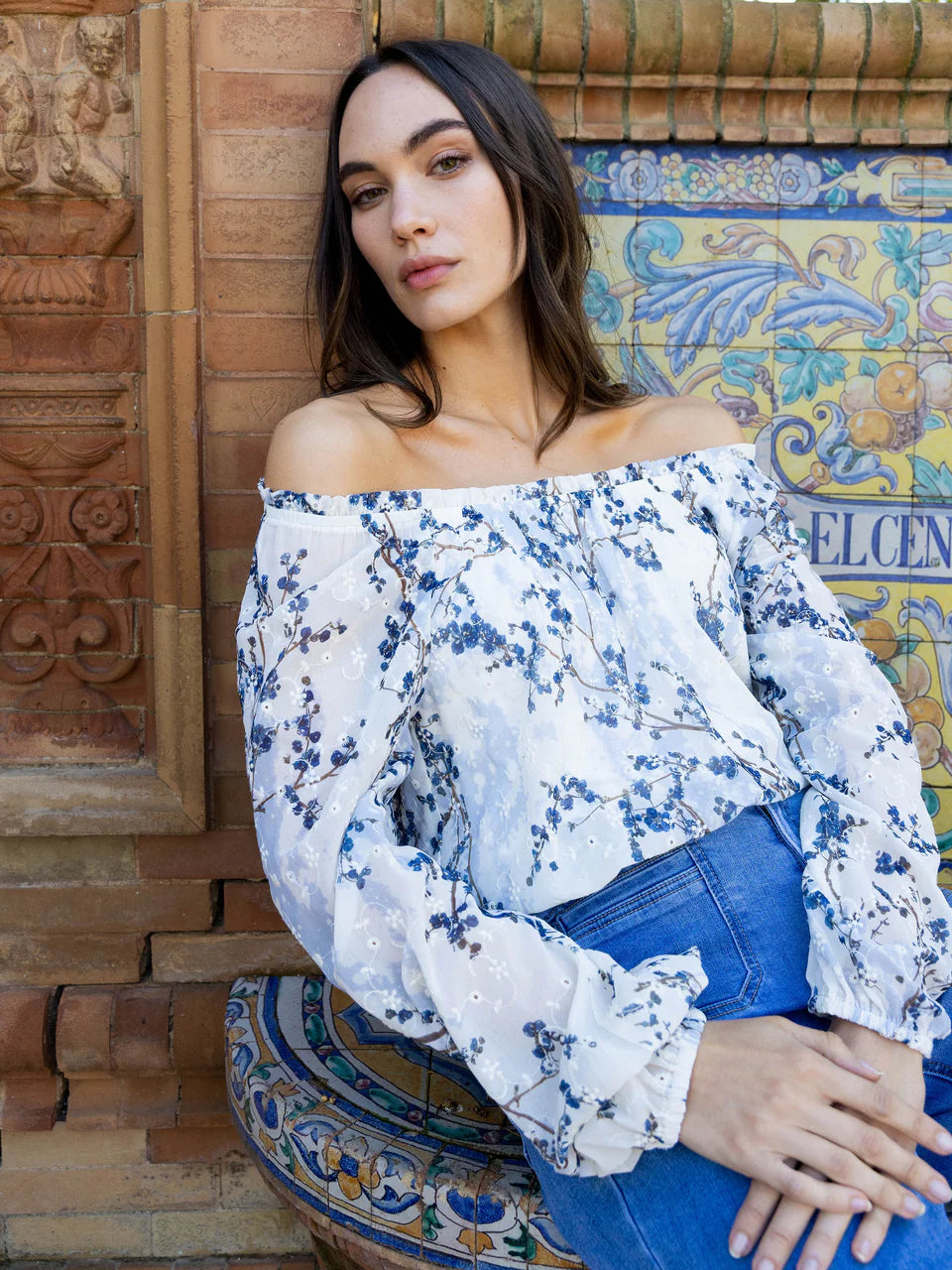 Printed Eyelet Off-Shoulder Blouse