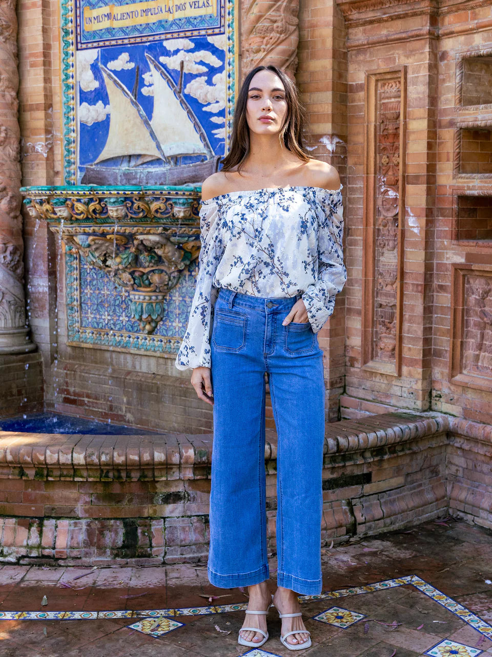 Printed Eyelet Off-Shoulder Blouse
