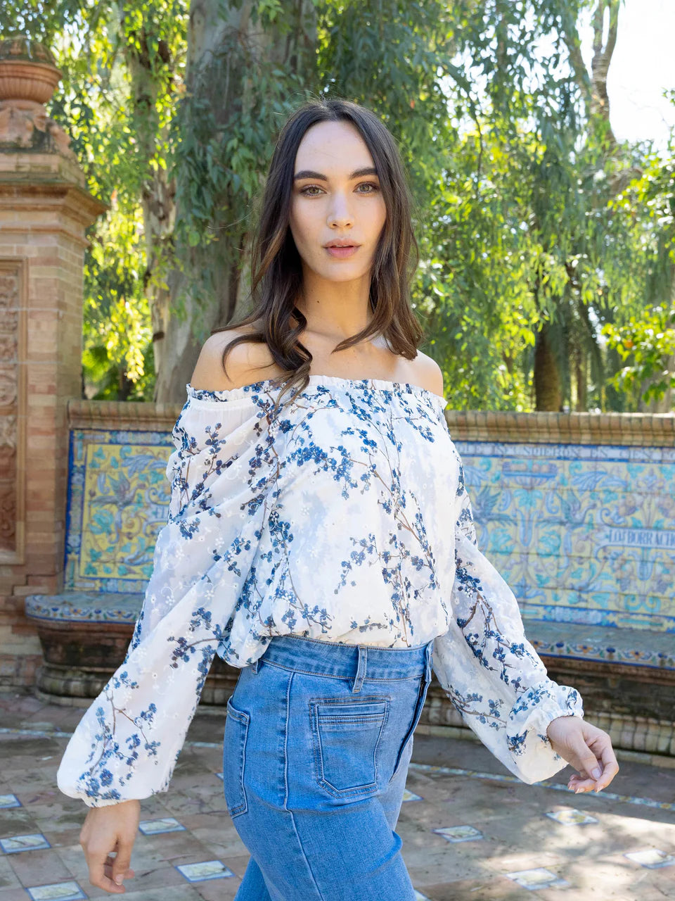 Printed Eyelet Off-Shoulder Blouse