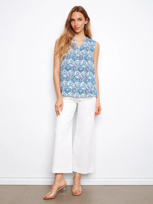 Mosaic Sleeveless Ruffle Neck Top