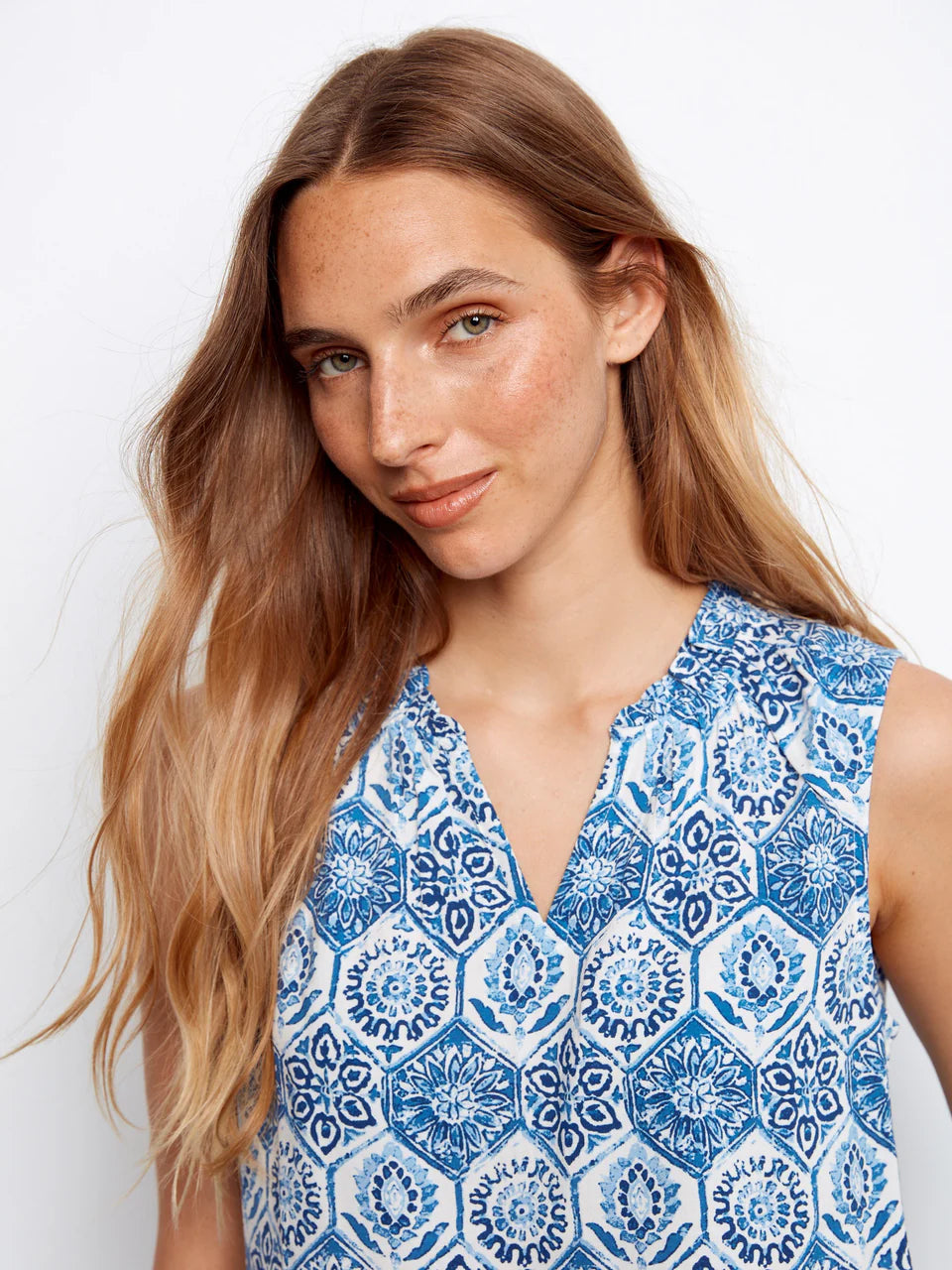 Mosaic Sleeveless Ruffle Neck Top