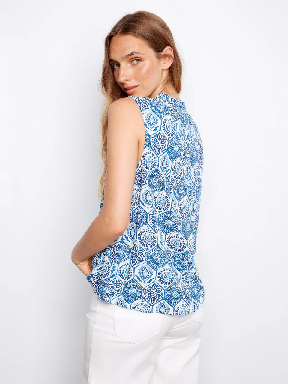 Mosaic Sleeveless Ruffle Neck Top
