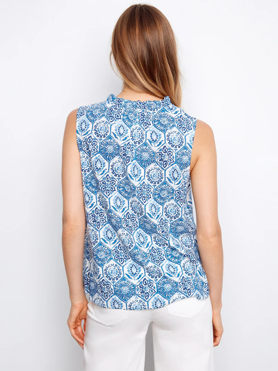Mosaic Sleeveless Ruffle Neck Top