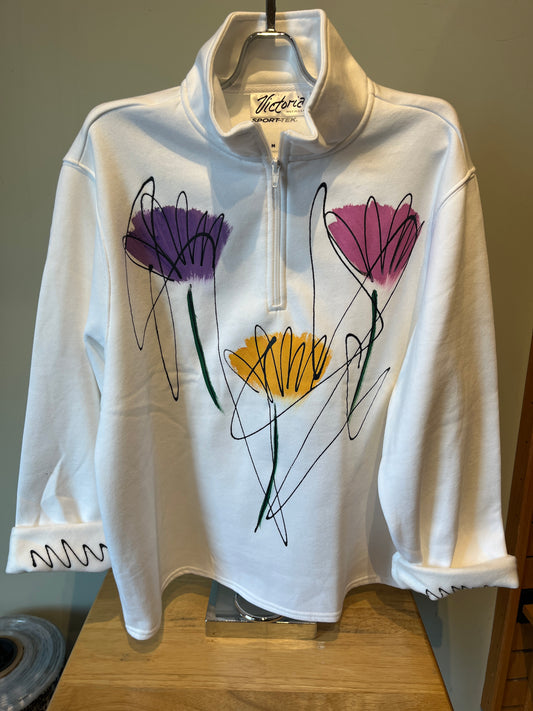 Victoria White Tulips 1/4 Zip Sweatshirt
