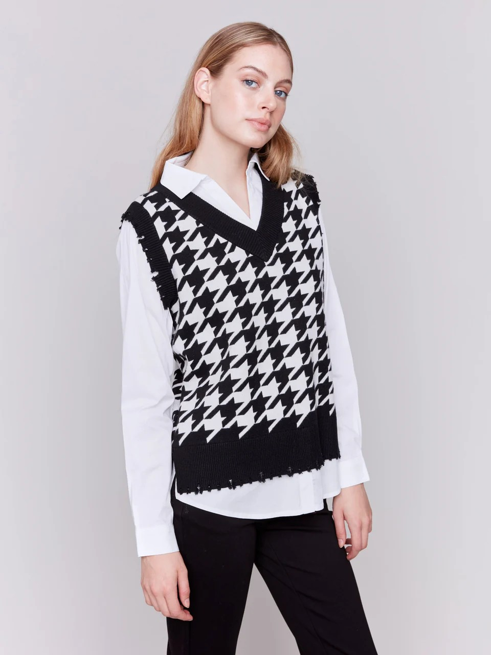 Houndstooth Fooler Vest with Shirt Collar