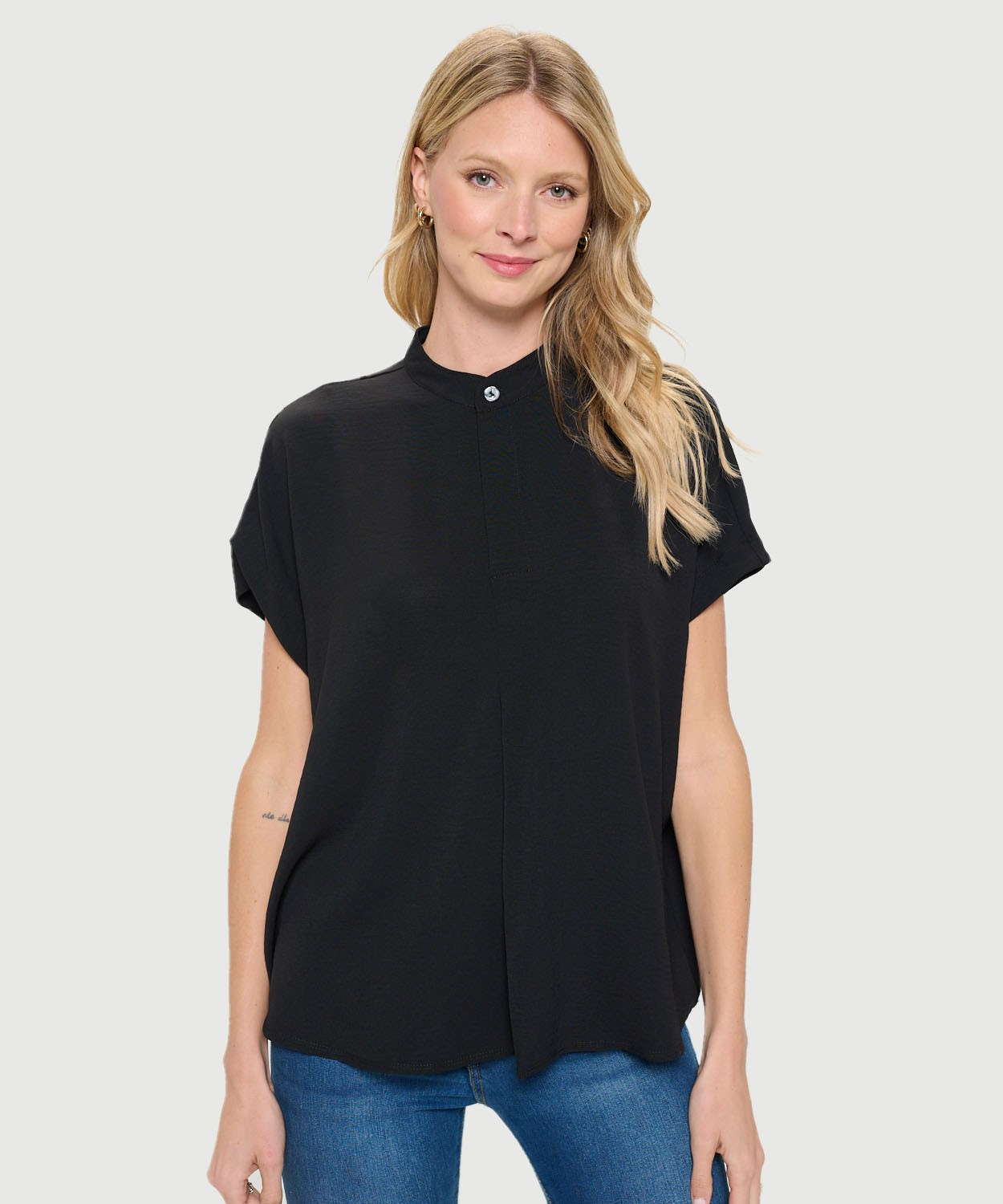 Woven Short-Sleeve V Neck Collared Button Top