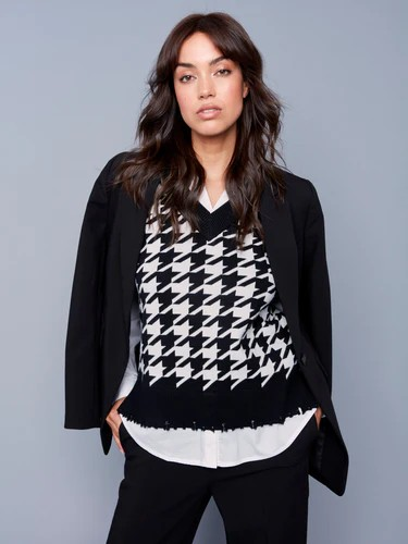 Houndstooth Fooler Vest with Shirt Collar