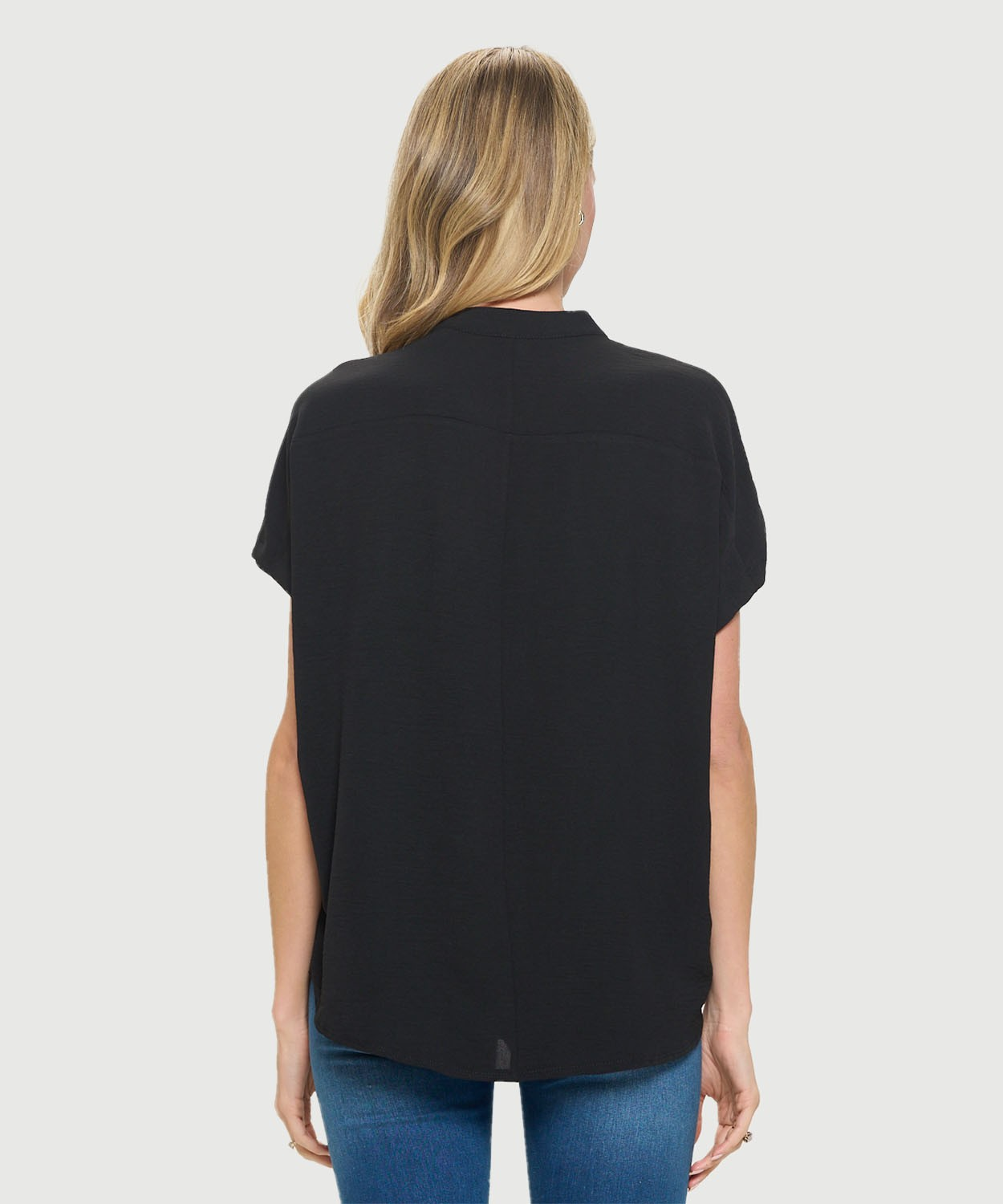 Woven Short-Sleeve V Neck Collared Button Top