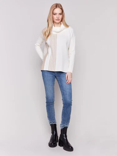 Houndstooth Stripe Cowl Neck Sweater - Ecru